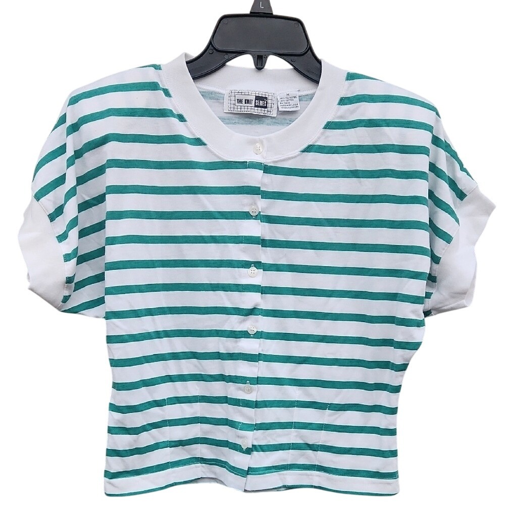 Vintage 80s The Knit Series Green White Striped Cropped Cinched Waist Top Medium